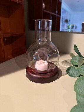 Vintage Glass Candle Holder with an Elegant Windproof Design, Wood Base